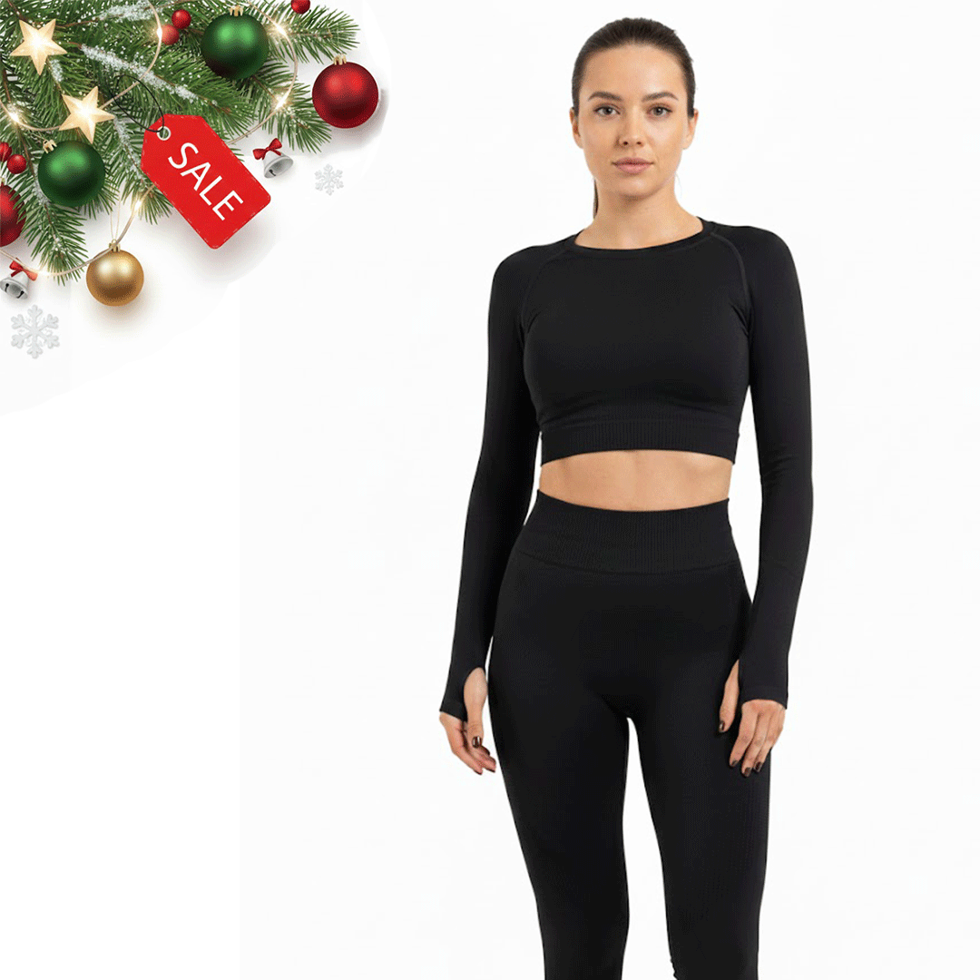 Seamless Leggings + Crop Top  Full Black (Women)